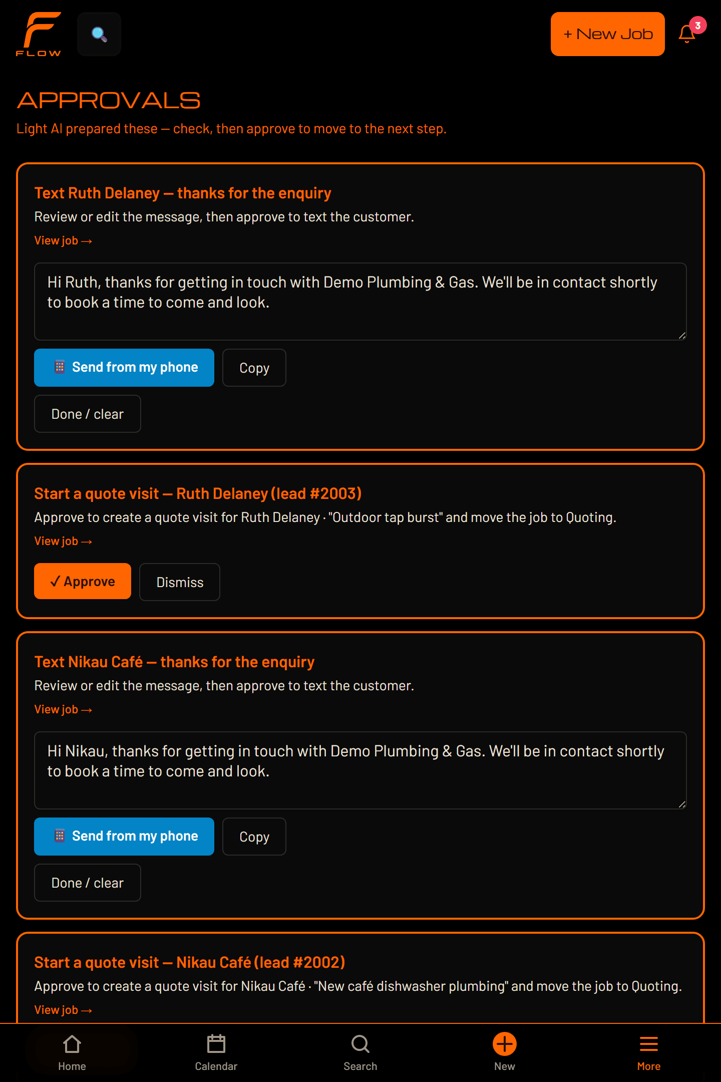 Flow's approvals queue — drafted work waiting to be approved