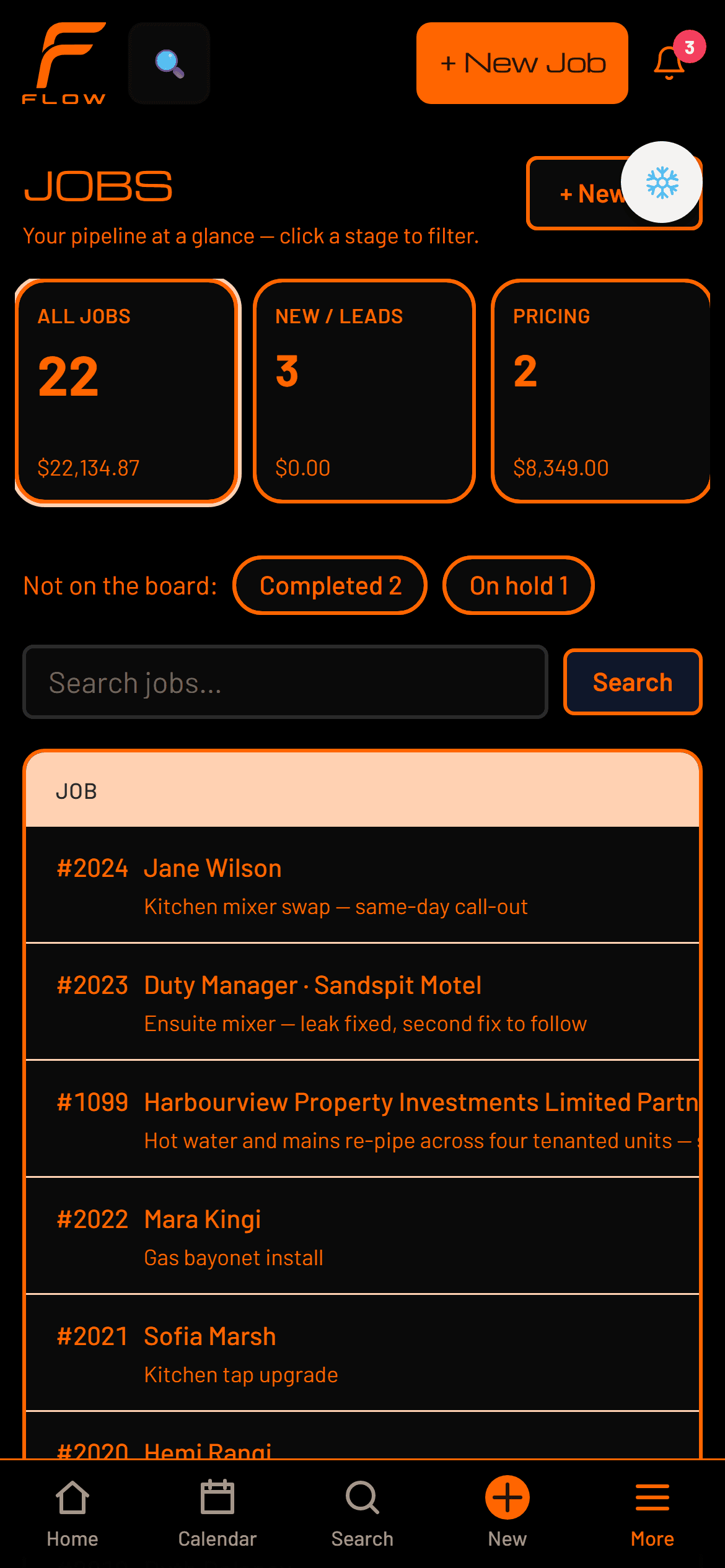 Flow's jobs screen on a phone